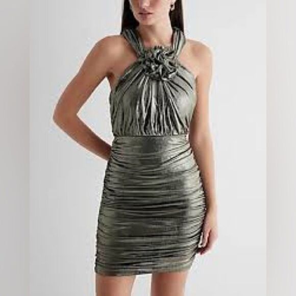 EXPRESS Metallic Rosette Halter Ruched Mini Sheath Dress y3k - Picture 6 of 16